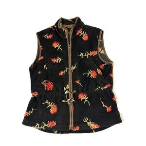 Vintage Tsunami Fleece Vest Black Floral Zip Pockets Size‎ M Cinch Waist Granola